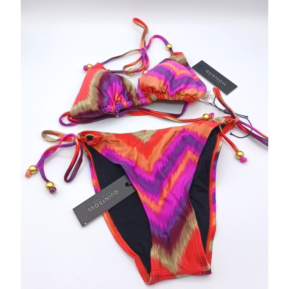 Quintsoul Pink Label 2 Piece Bikini Set Beaded Halter Adjustable Bottom XSMALL